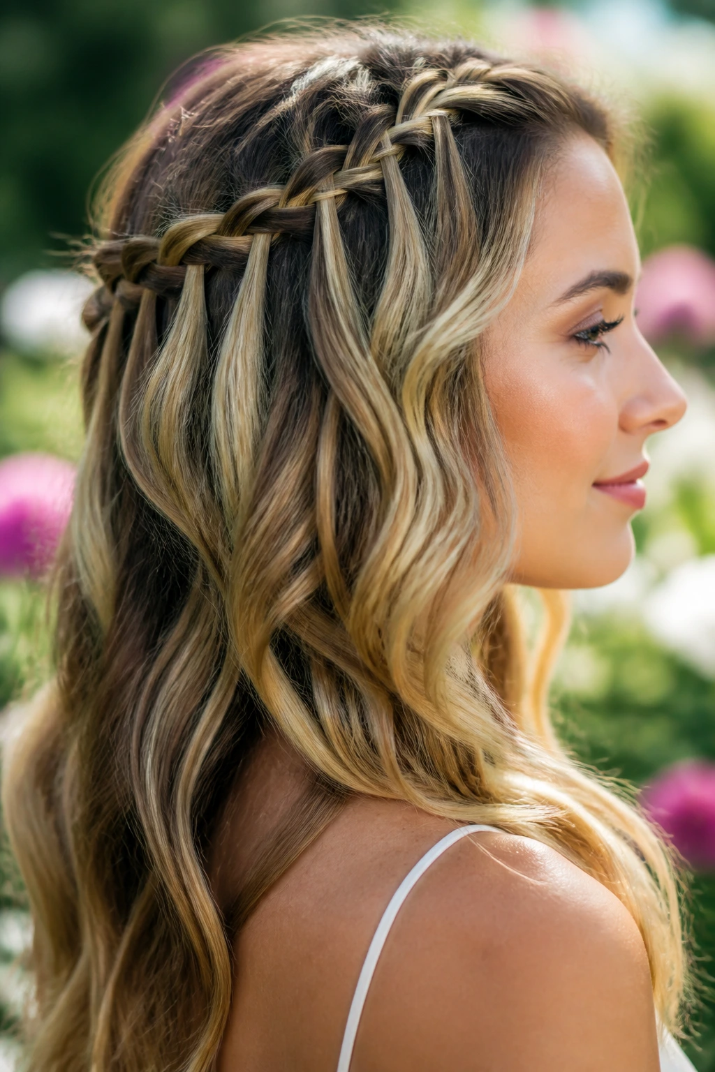 Close-up of waterfall braid woven into loose waves on a real person in a garden setting with soft morning light
