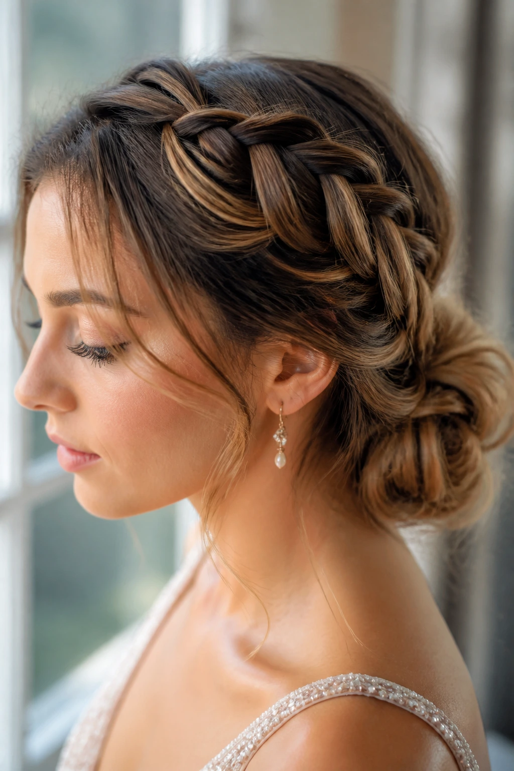 Side portrait of a woman with waterfall braid flowing into a low bun