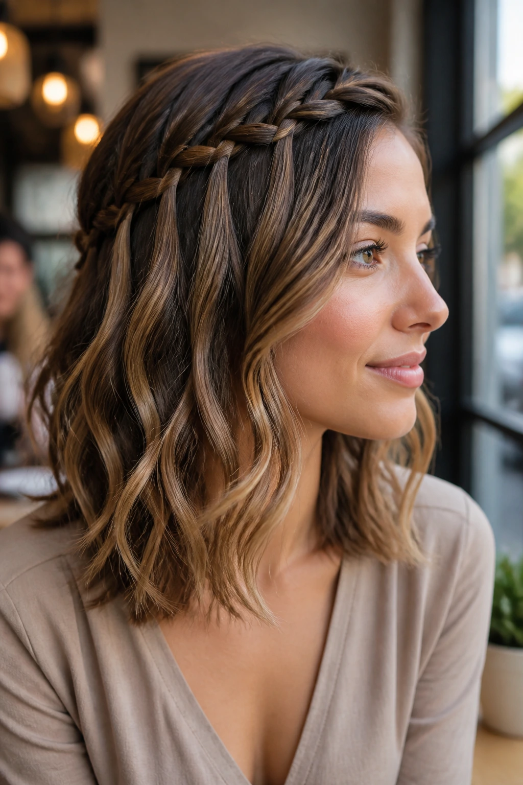 Medium-length hair with a waterfall braid on a real person, photographed near a cafe window