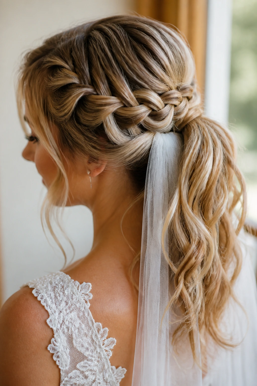 Close-up of a real bride with a waterfall braid flowing into a ponytail