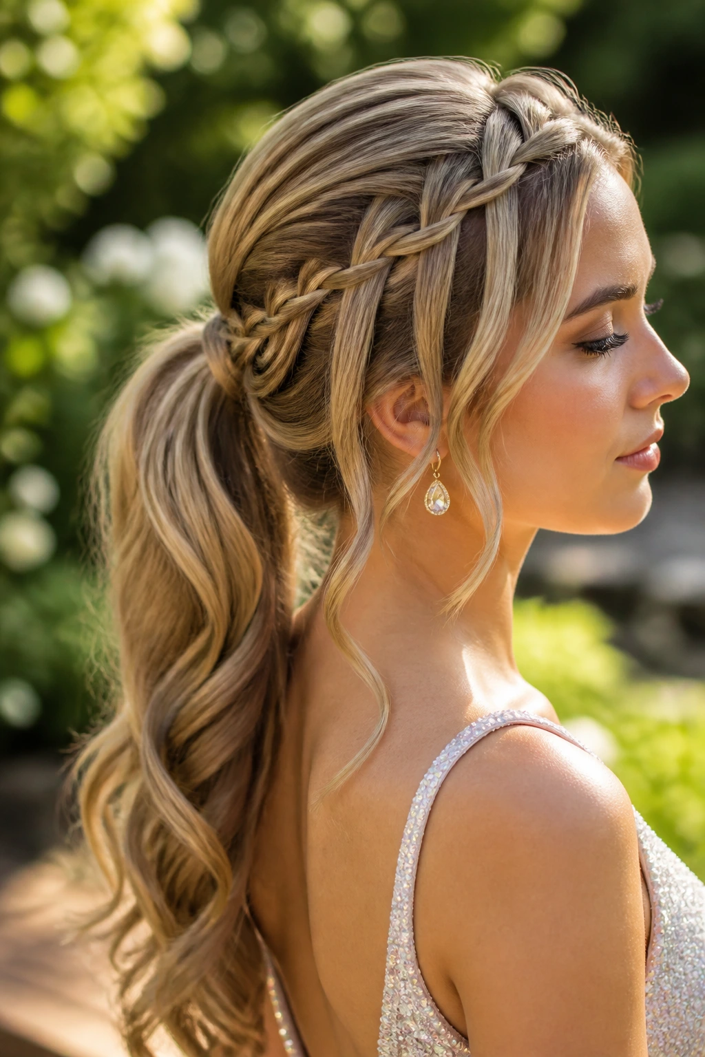 Close-up of a real woman with waterfall braid leading to a ponytail outdoors