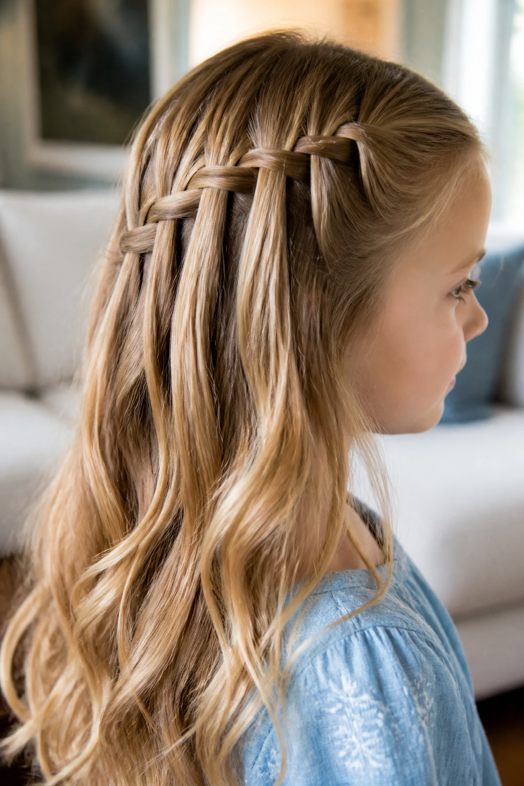 Close-up of a child with a waterfall braid on the side