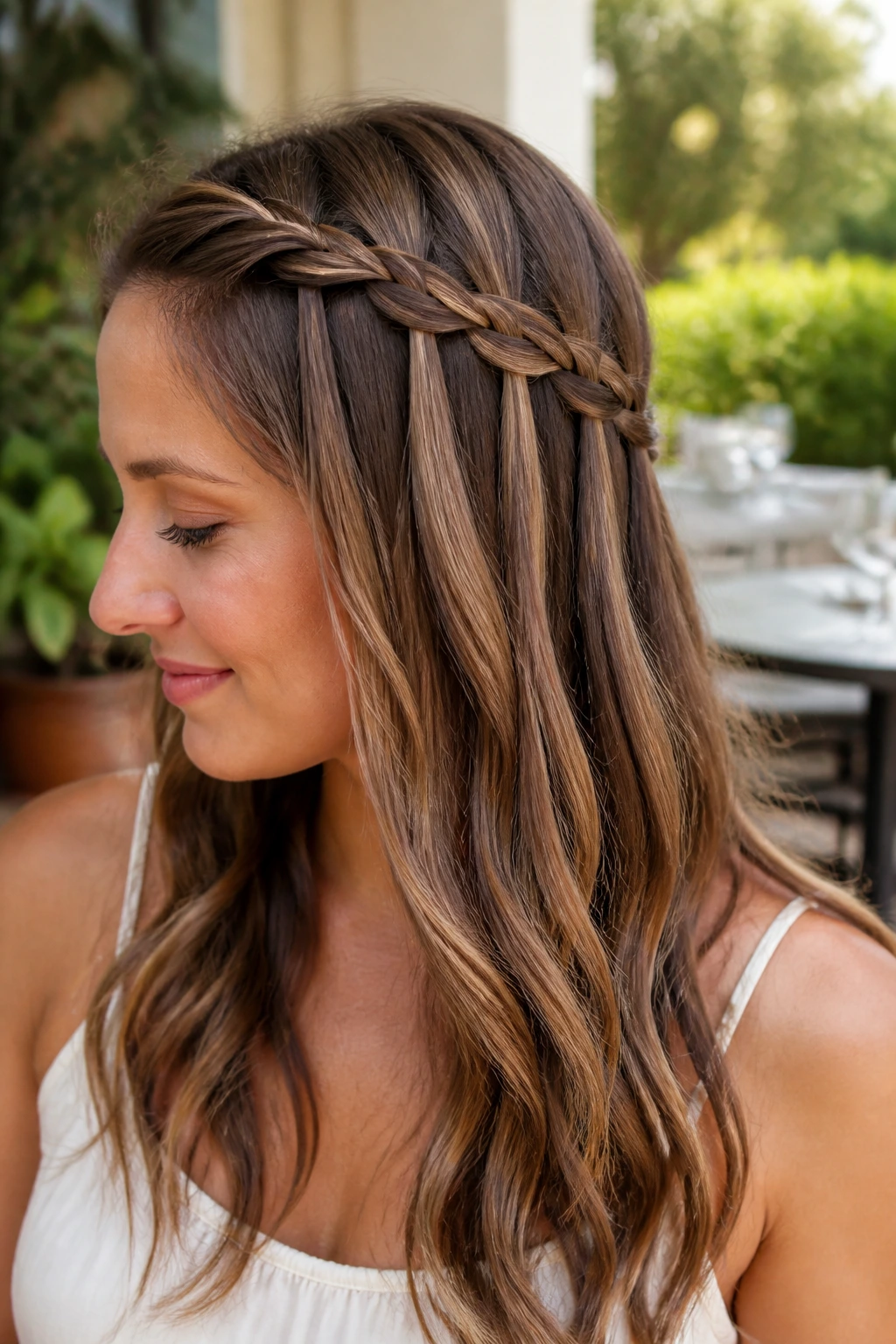 Close-up of a real woman with a waterfall half-up braid in daylight