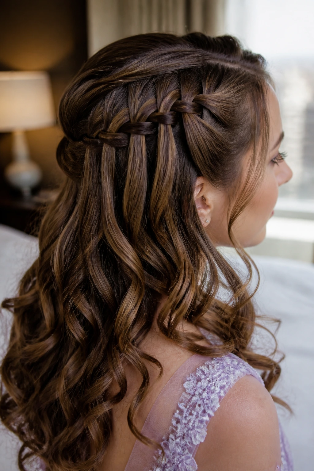Waterfall braid half-up on real woman with cascading curls in a hotel room.