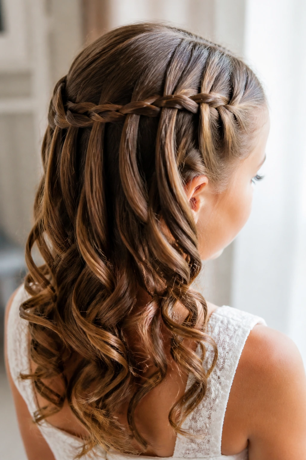 Girl with waterfall braid and loose ringlets for First Communion
