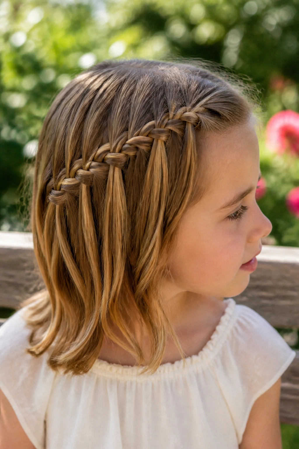 Close-up of a child with a waterfall braid on shoulder-length hair.