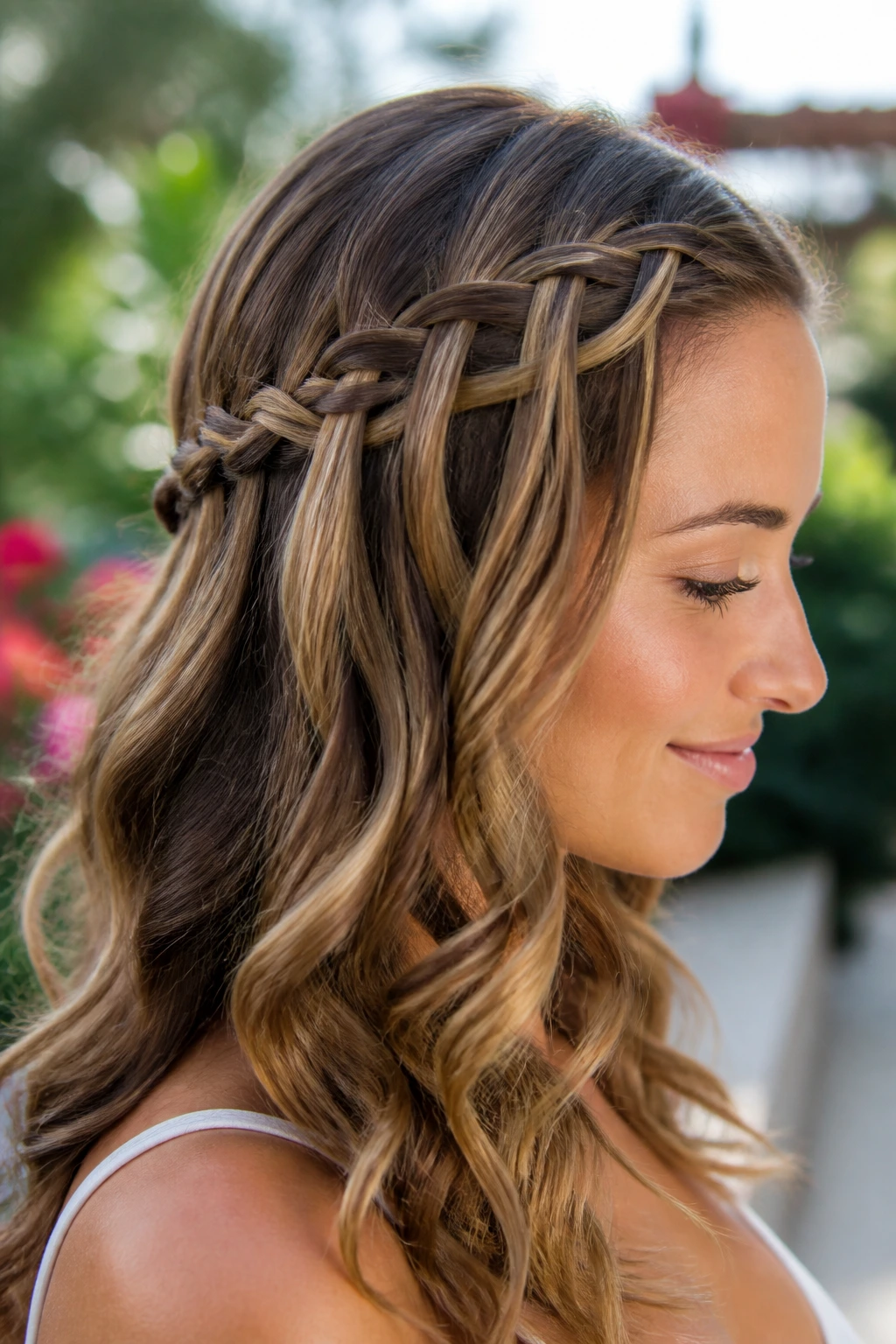 Real person wearing a waterfall braid with soft curls