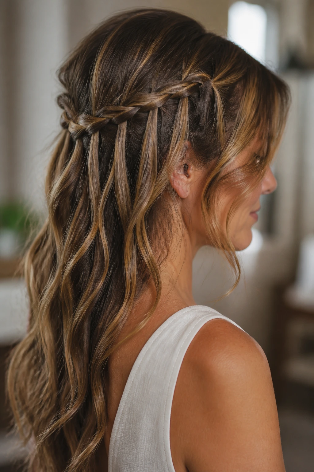 Real woman with a waterfall braid and soft tendrils