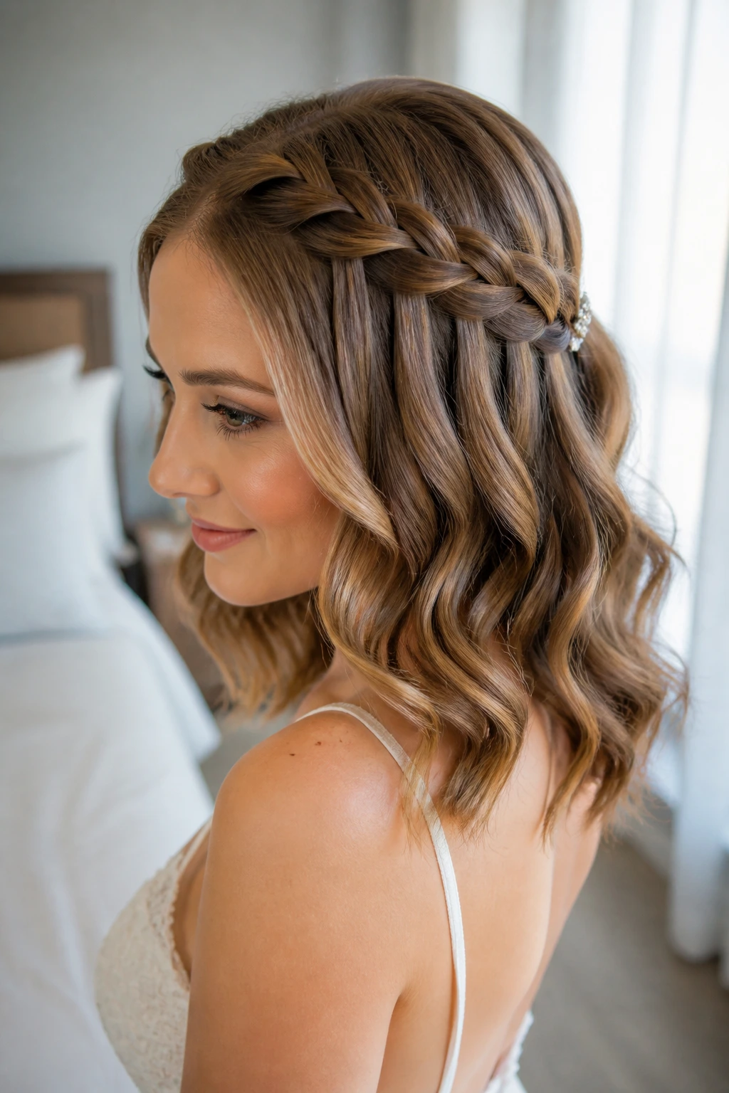 Real woman with waterfall braid and soft waves in a bedroom setting