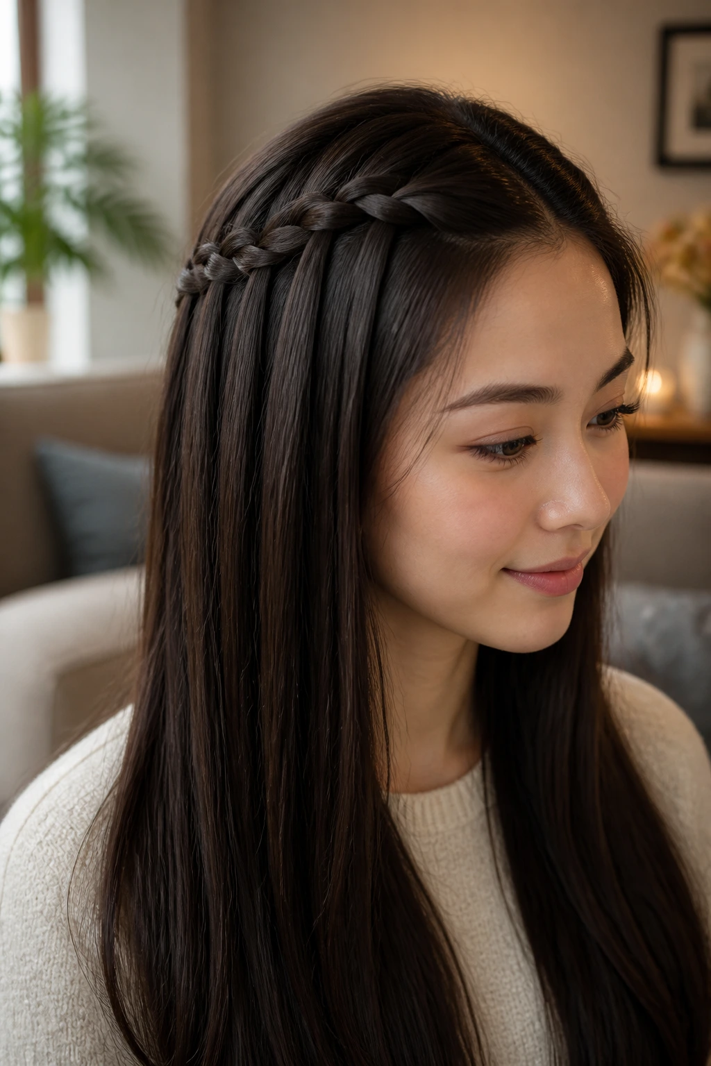 Close-up of woman with a waterfall braid on straight hair