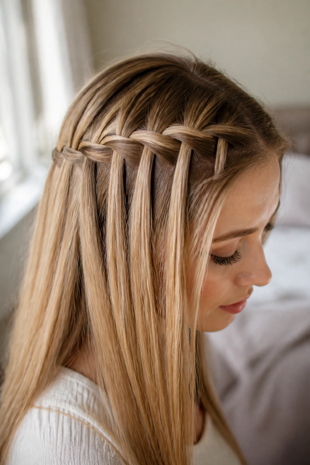 Close-up of a real woman with a waterfall braid over long straight hair in a sunlit bedroom.