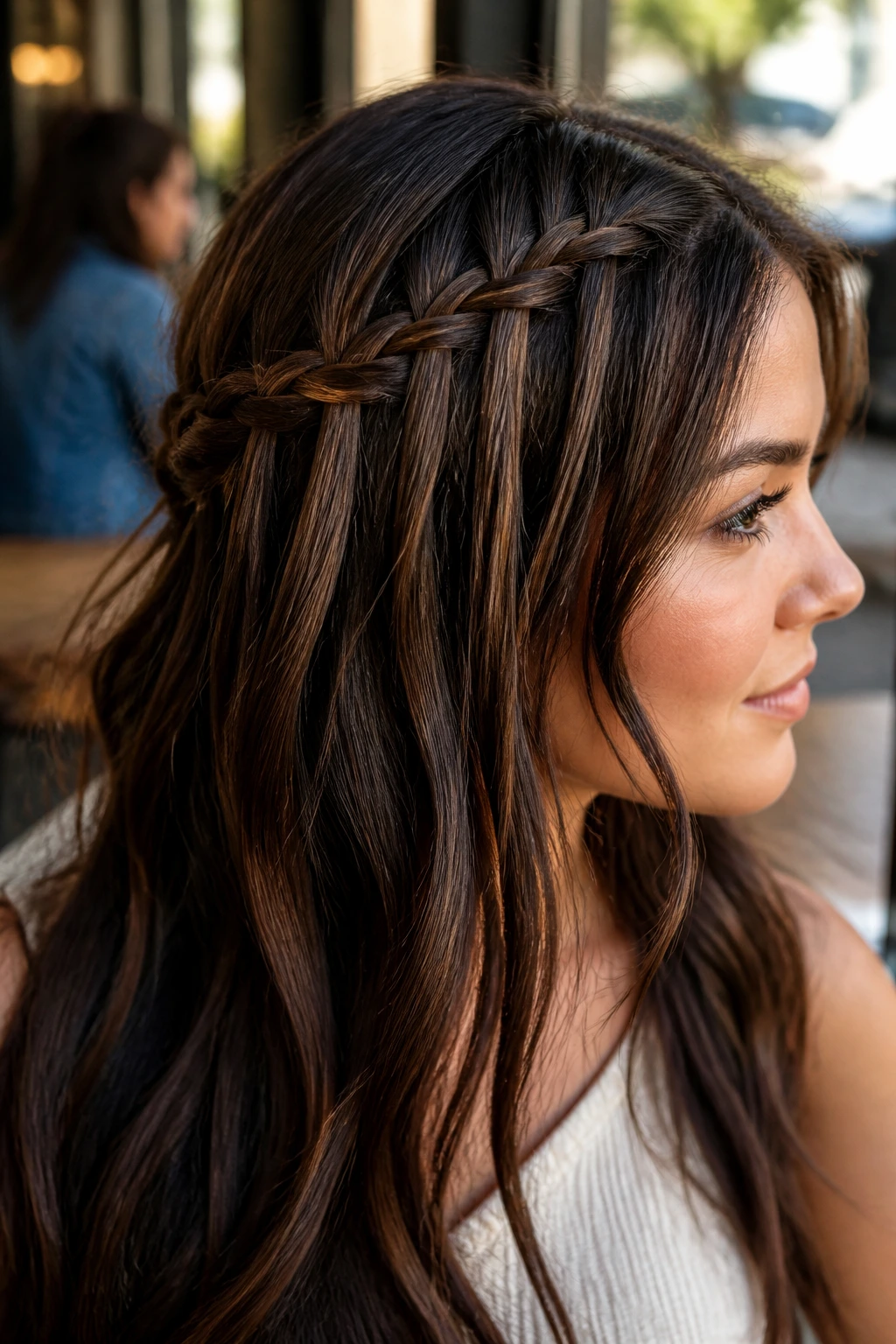 Close-up portrait of a real person with a waterfall braid across the crown in thick hair