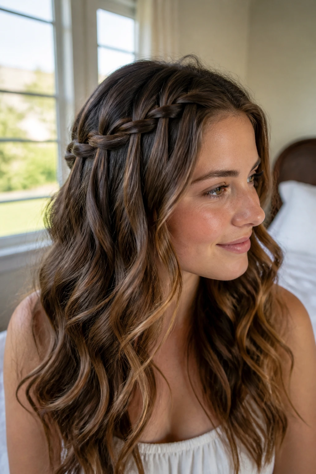 Close-up of a real woman with a waterfall braid half-style in thick wavy hair