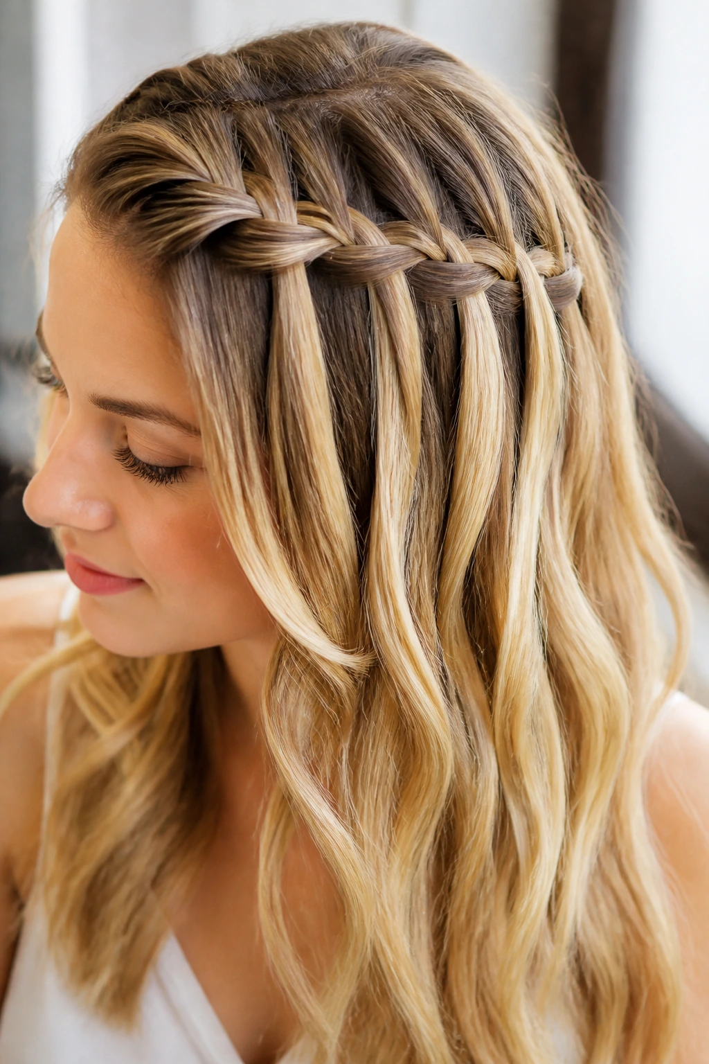 Real woman with a waterfall braid across the top layer and cascading hair.