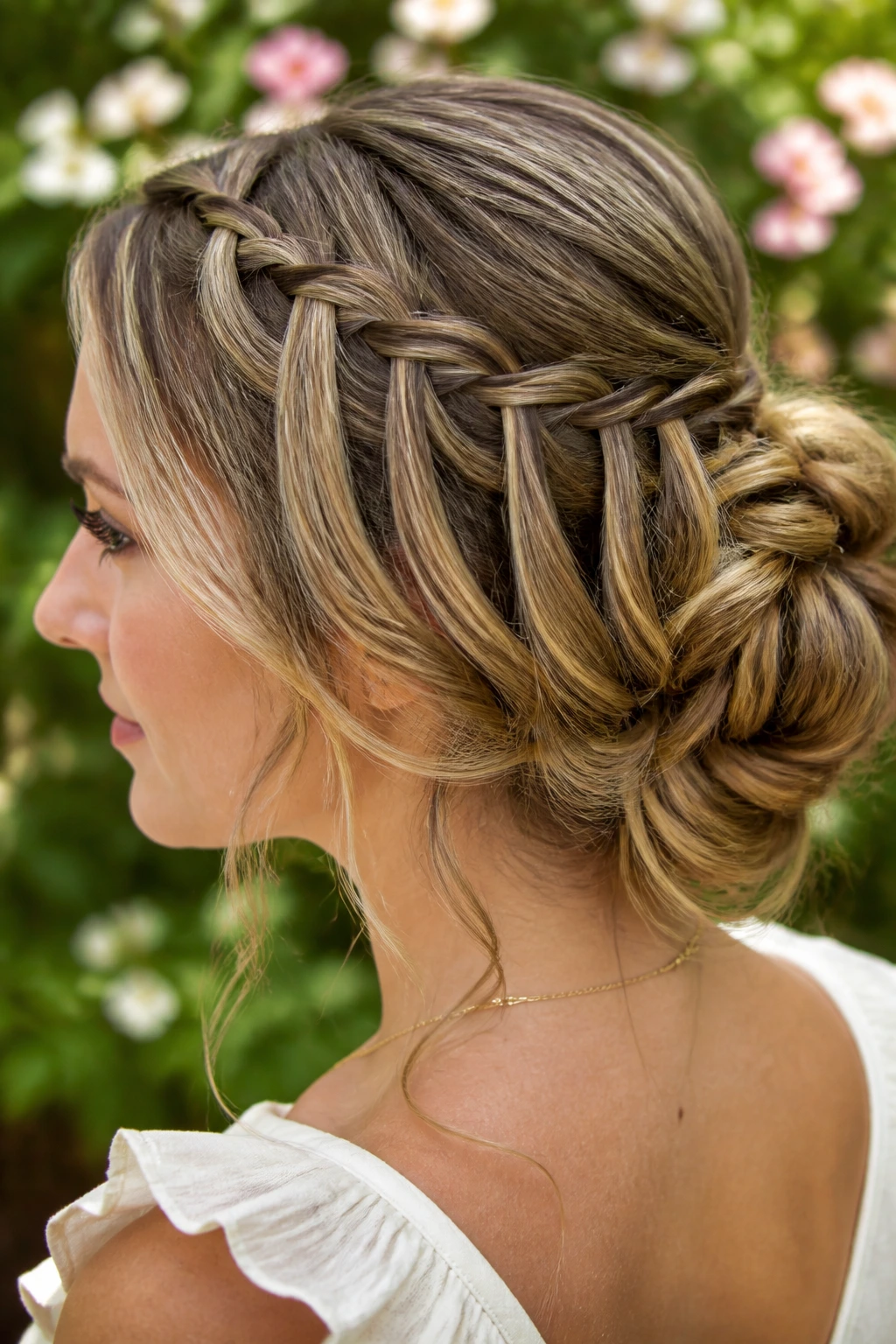 Real woman with a waterfall braid updo in a garden setting