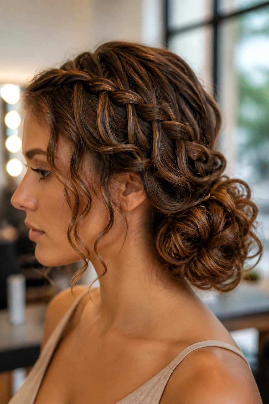 Three-quarter view of a real woman with a waterfall braid into a low updo