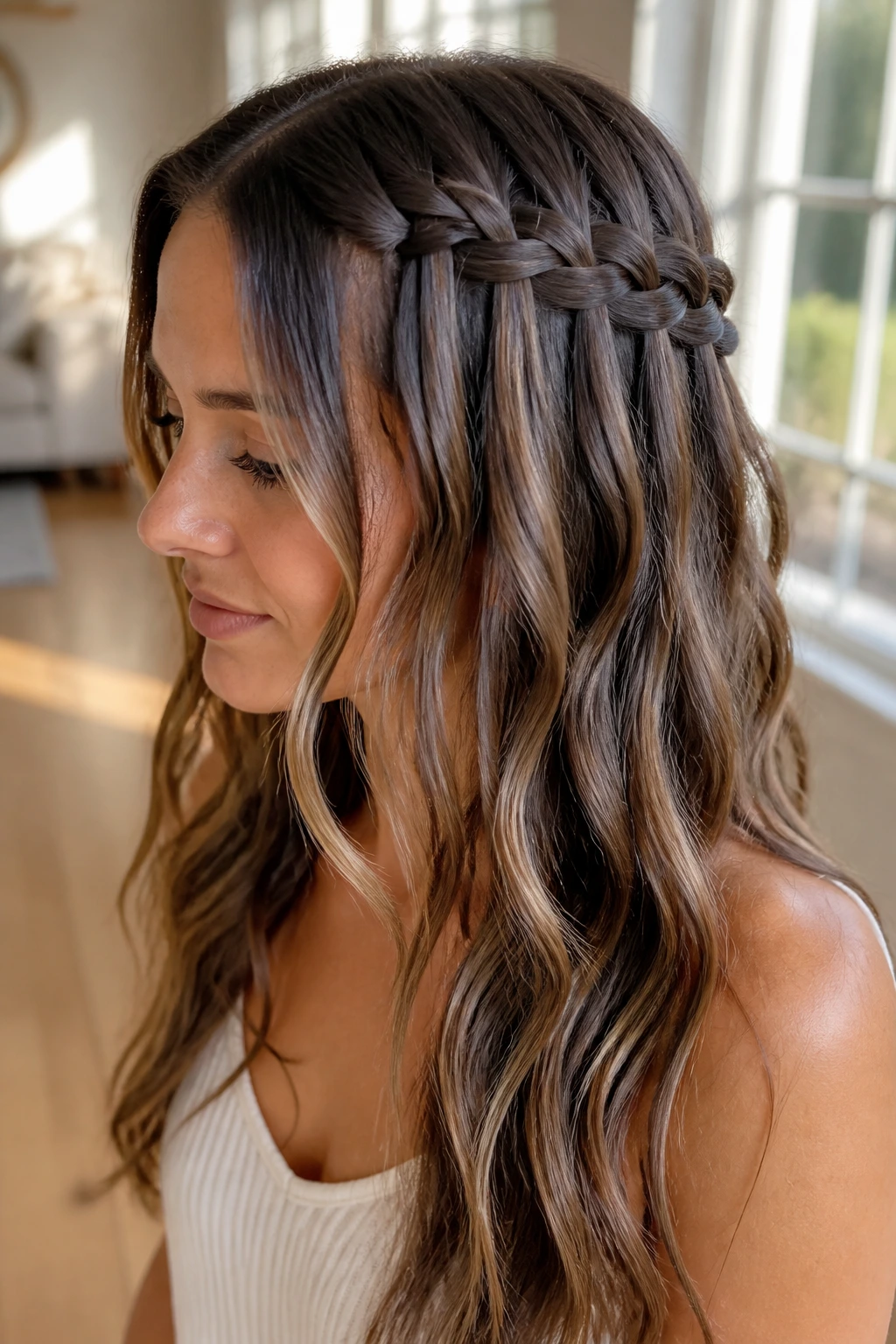 Real woman with a loose waterfall braid cascading into soft waves