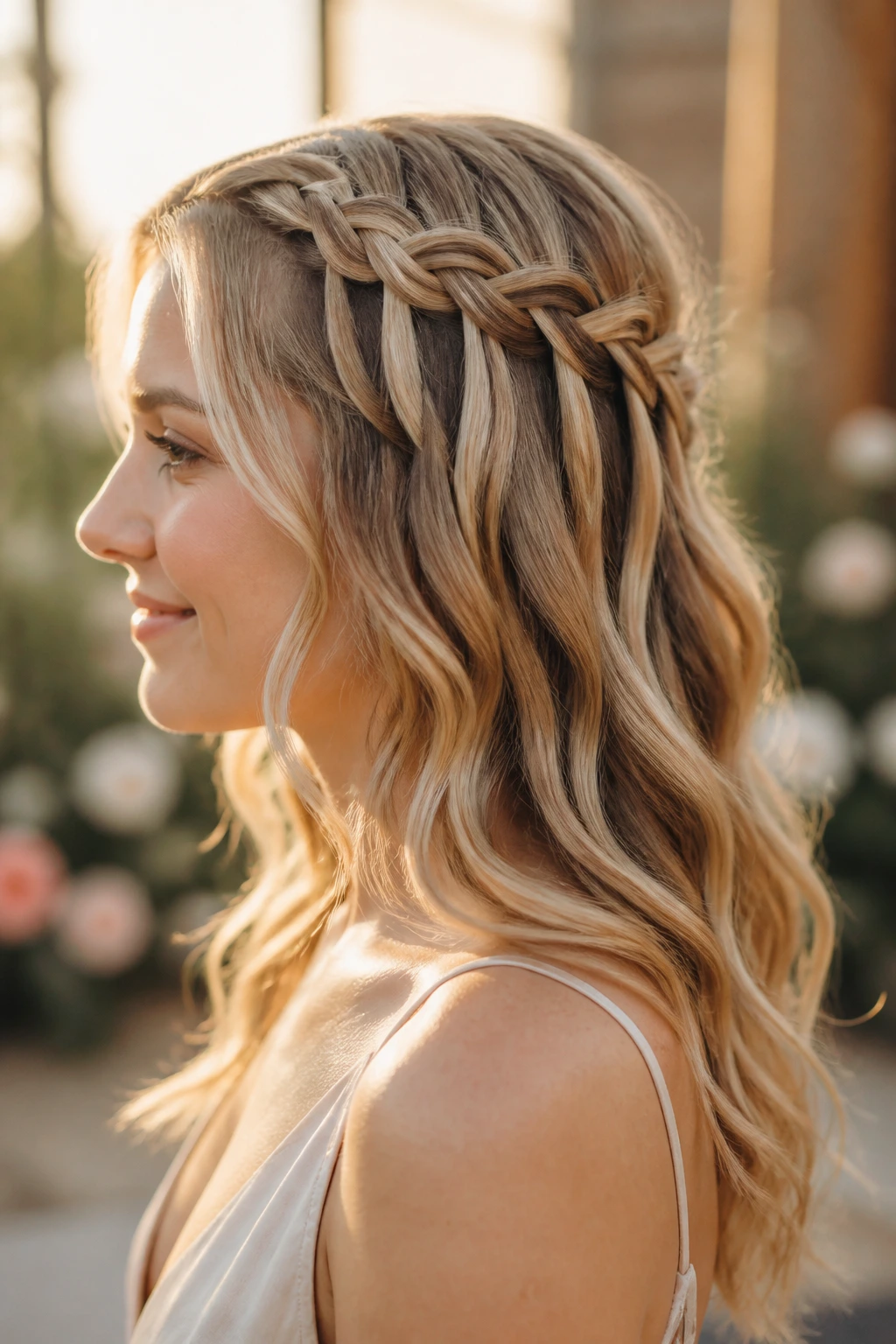 Side-profile of a real woman with a waterfall braid and loose waves.