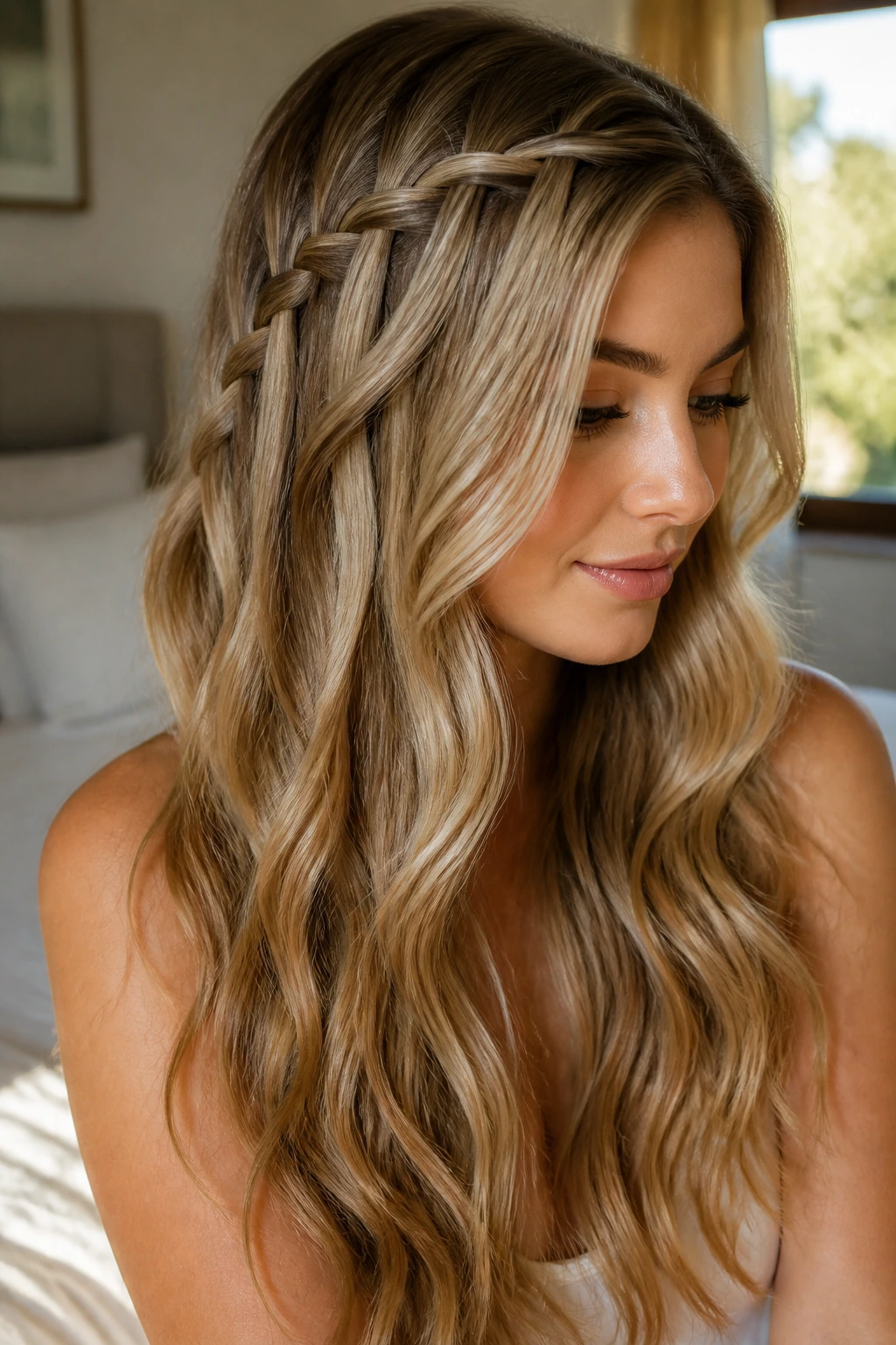Close-up portrait of a real woman with Waterfall Braid Waves