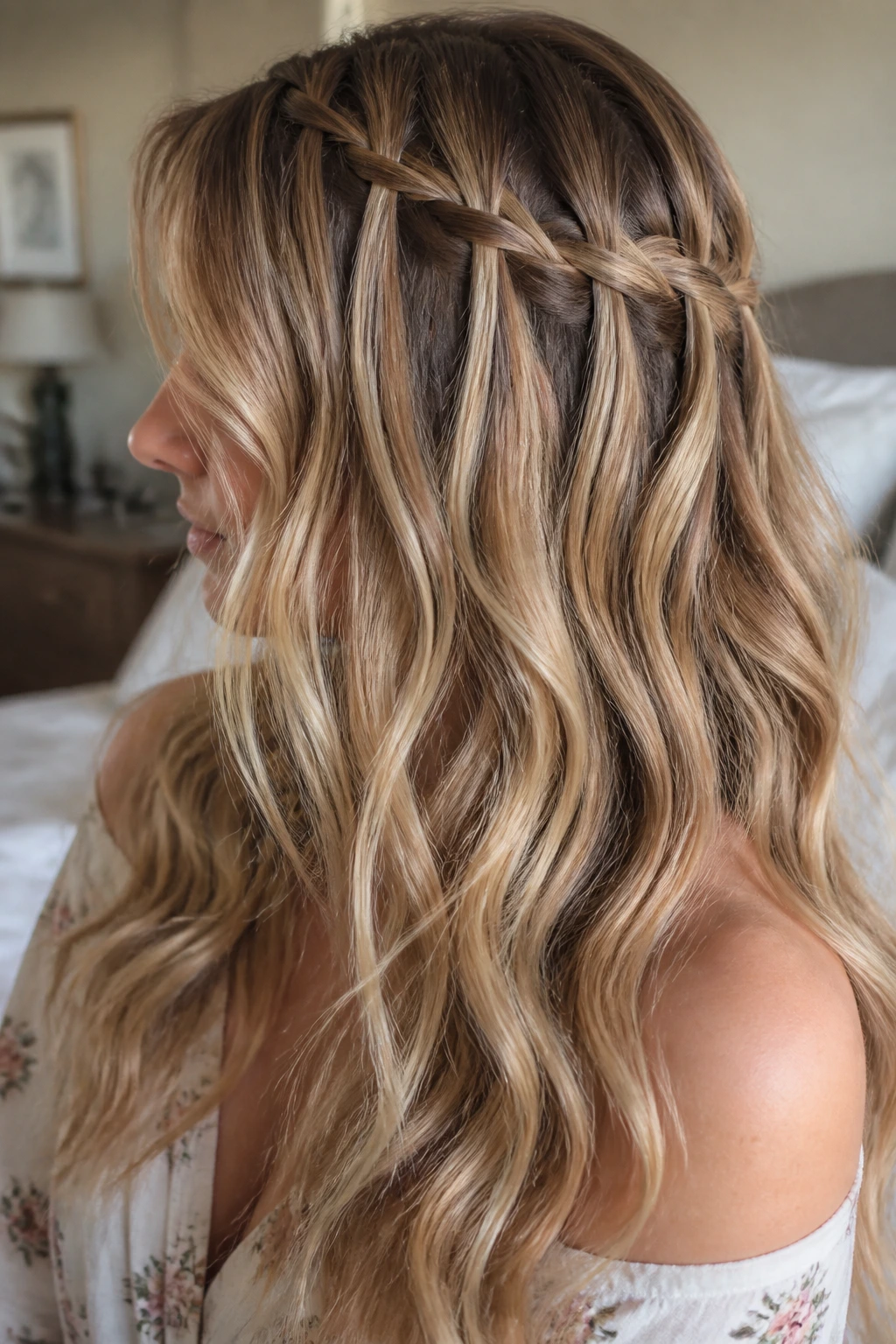 Real woman with waterfall braid and waves