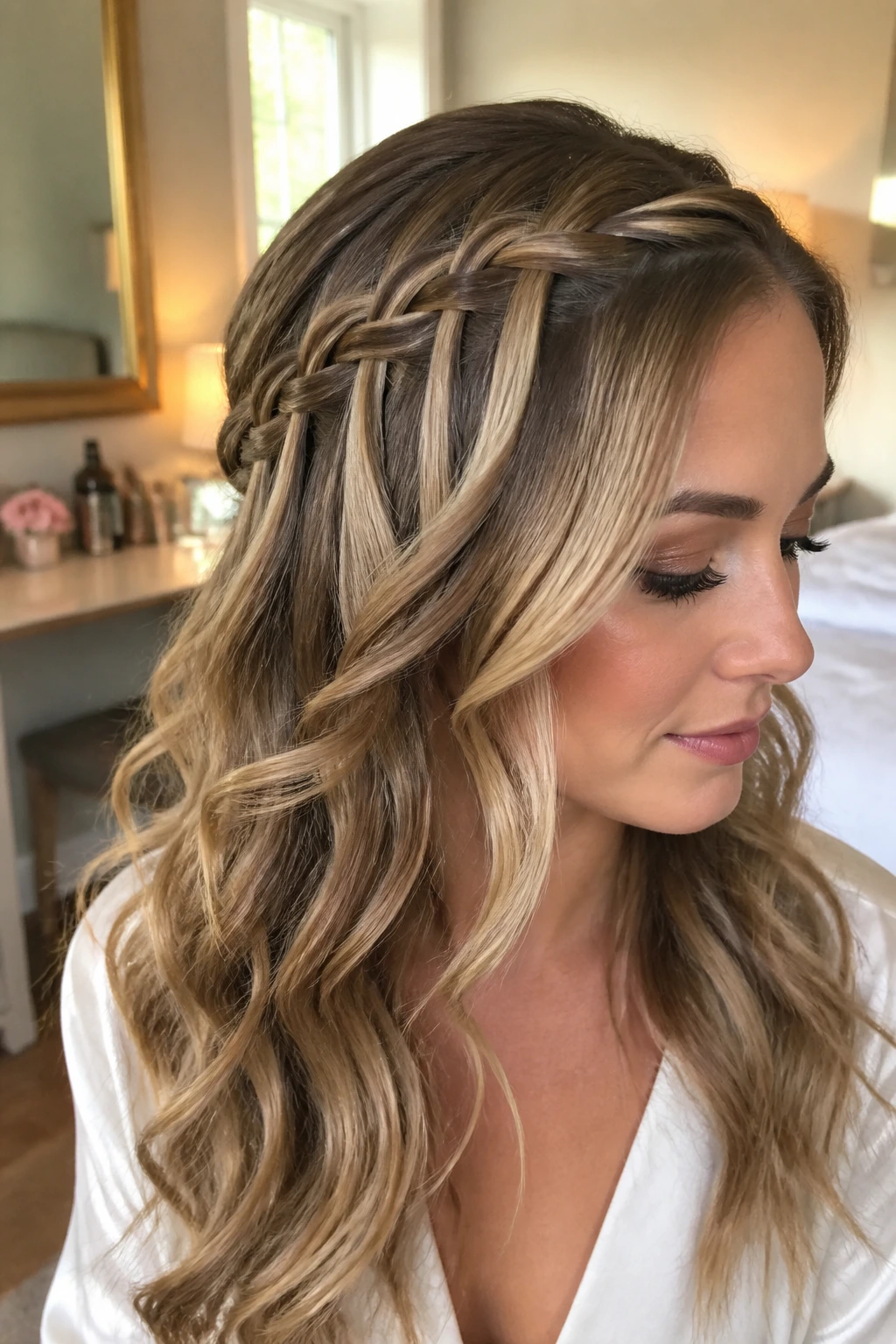 Close-up of a woman with a crown waterfall braid and flowing soft waves