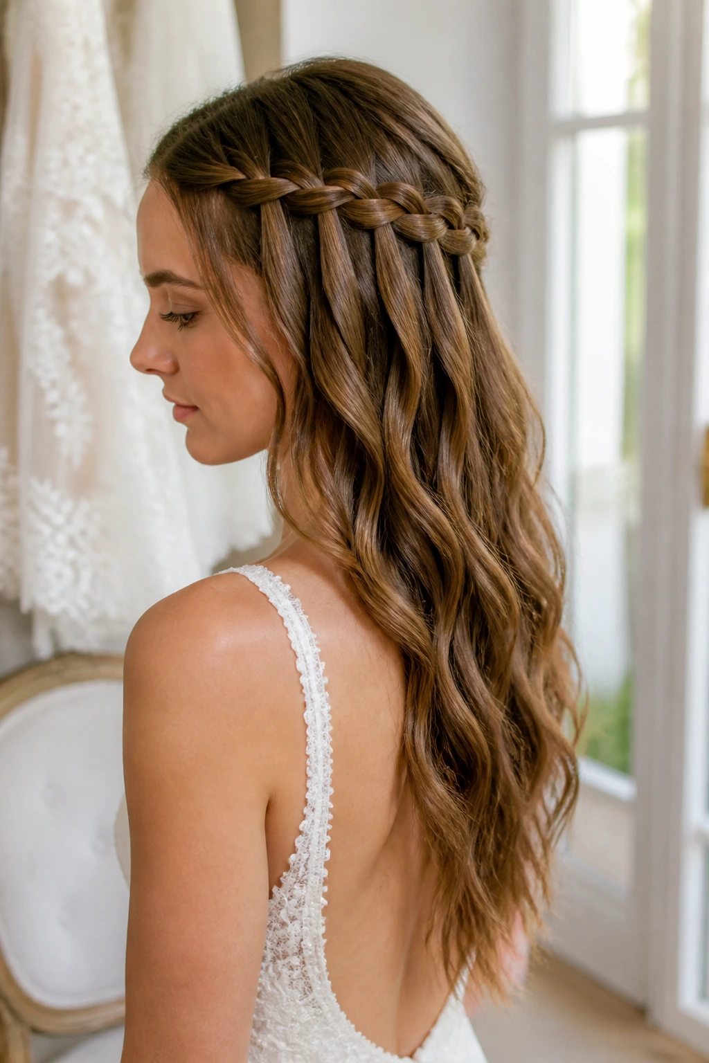 Bride wearing waterfall braid flowing into soft waves
