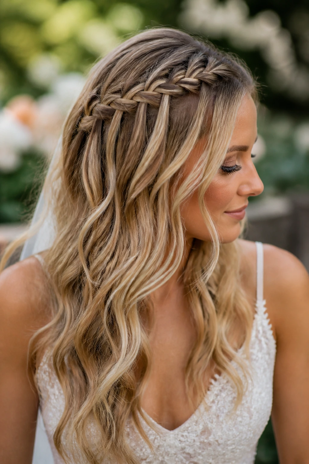Close-up of a bride with waterfall braid flowing into soft waves in a garden setting