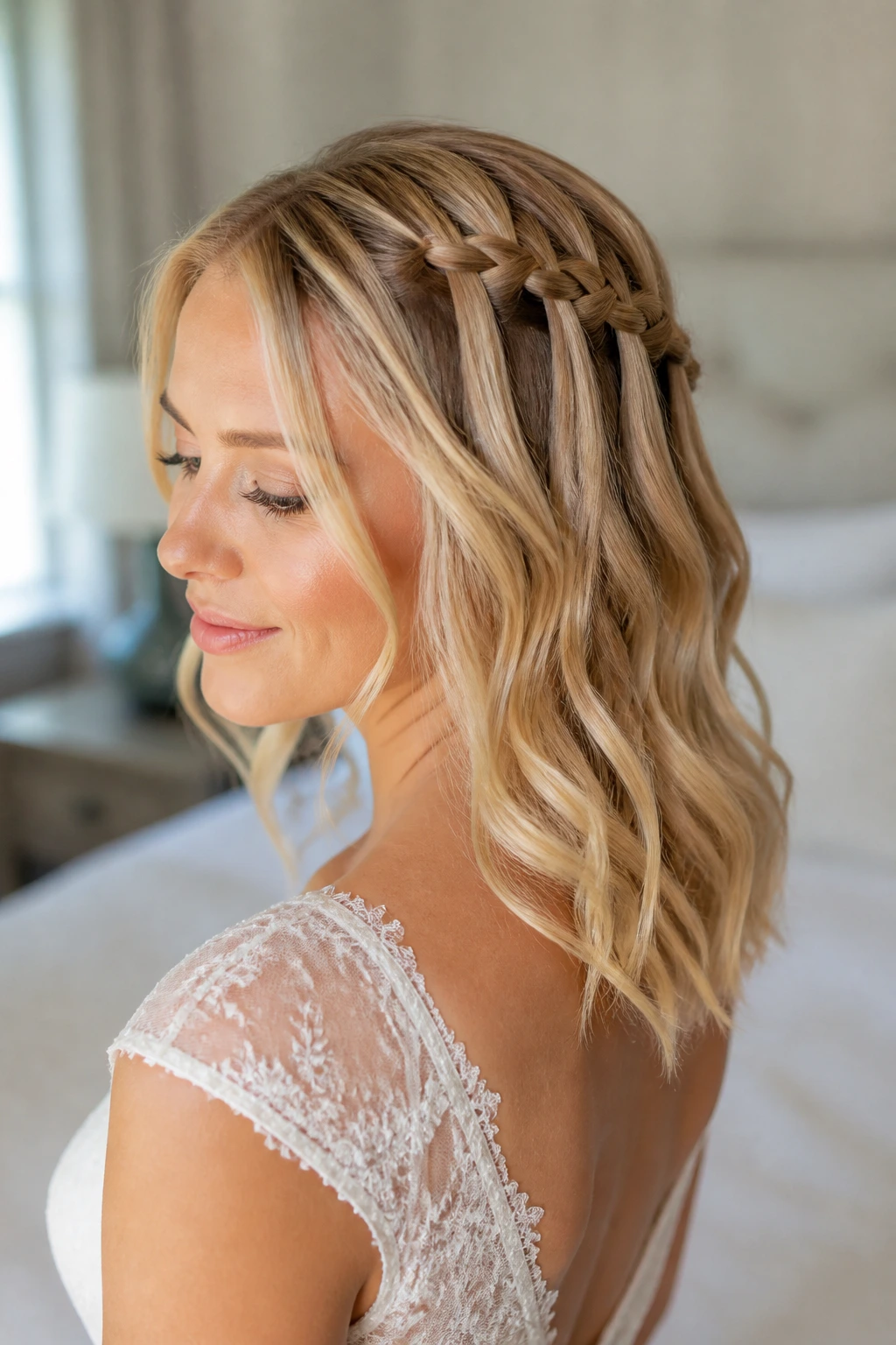 Real bride with waterfall braid over soft waves, close-up