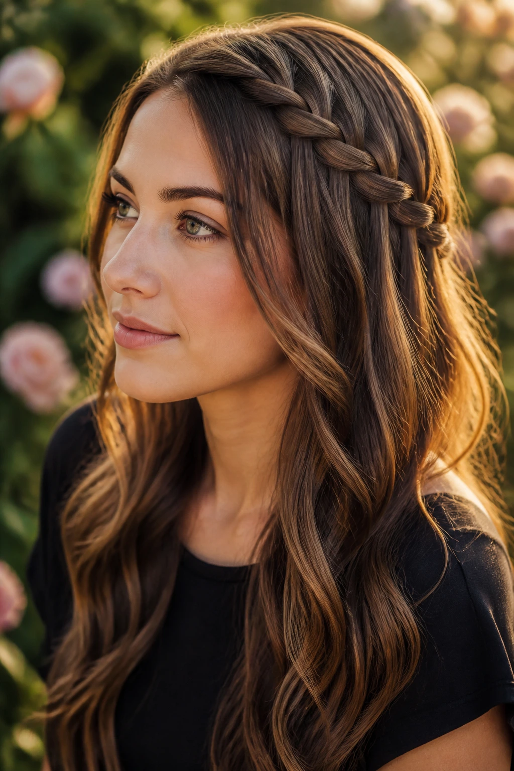 Close-up of a real woman with a diagonal waterfall braid over loose waves in a garden setting.