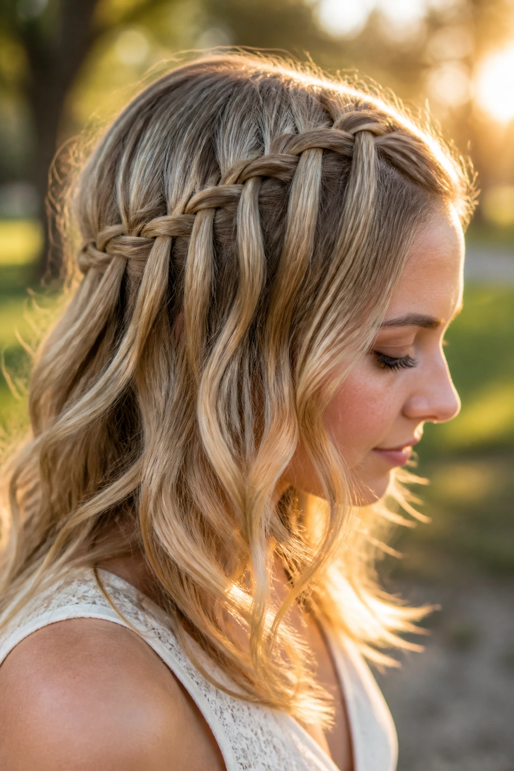 Real woman with a waterfall braid across the front and loose waves underneath in golden hour light.