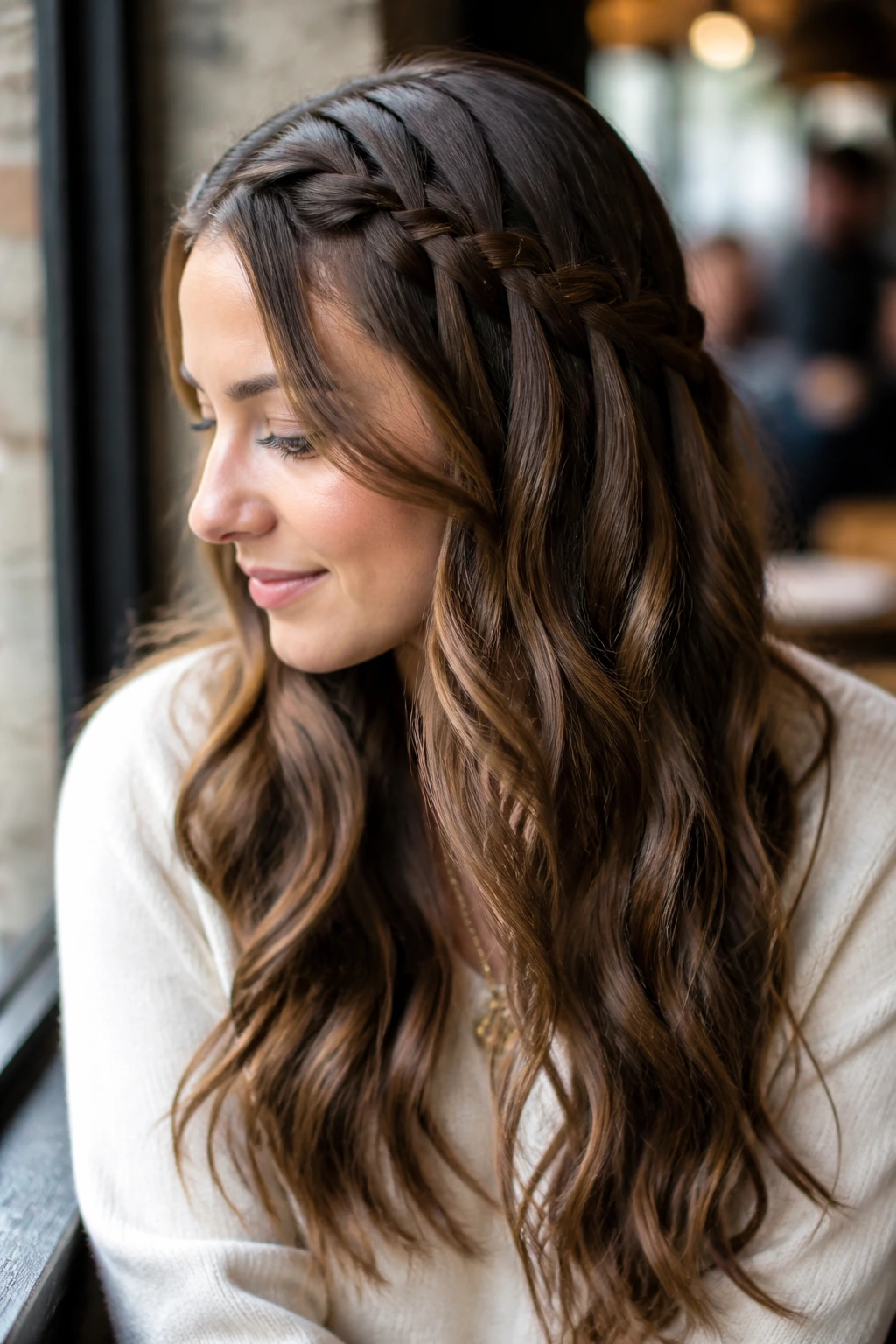 Real woman with waterfall braid blending into loose waves on long thick hair