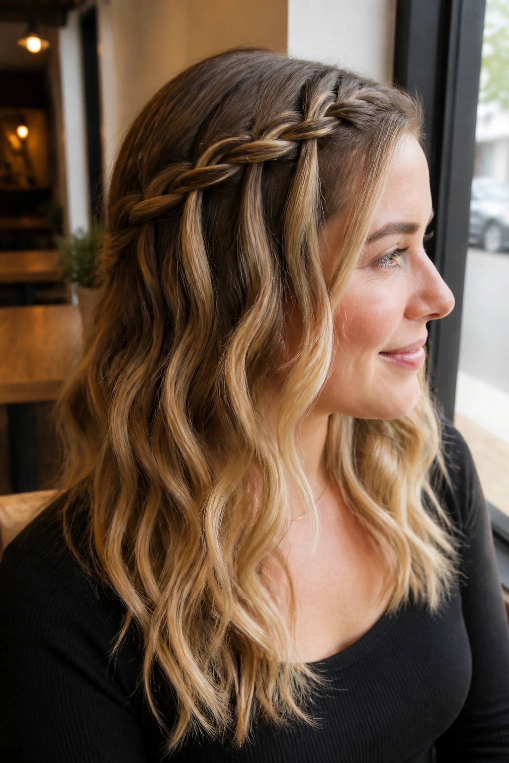Close-up of a real woman showing a waterfall braid with waves on the rest of the hair, natural daylight