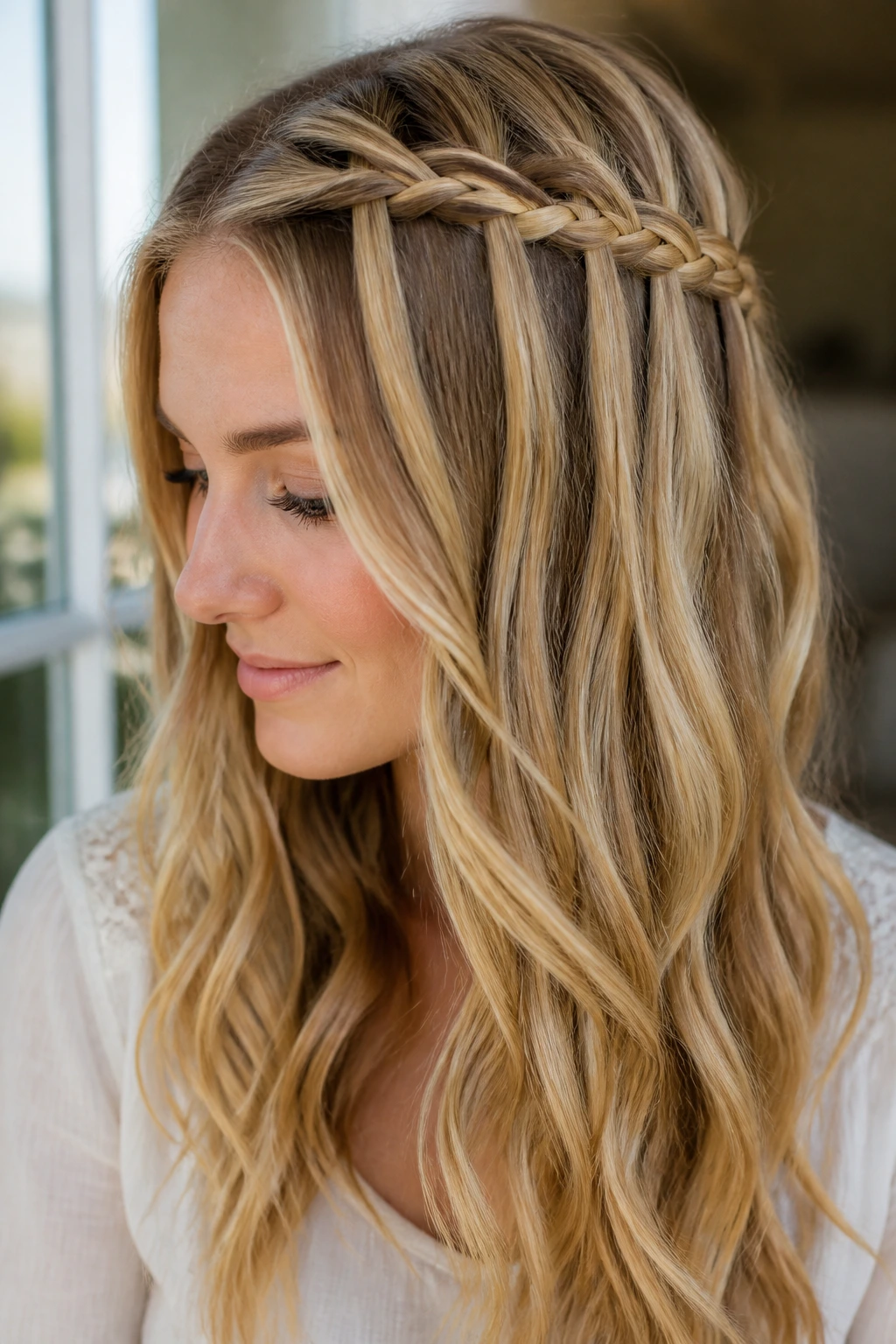 Close-up of a real woman with Waterfall Braid Waves crown braid and soft waves