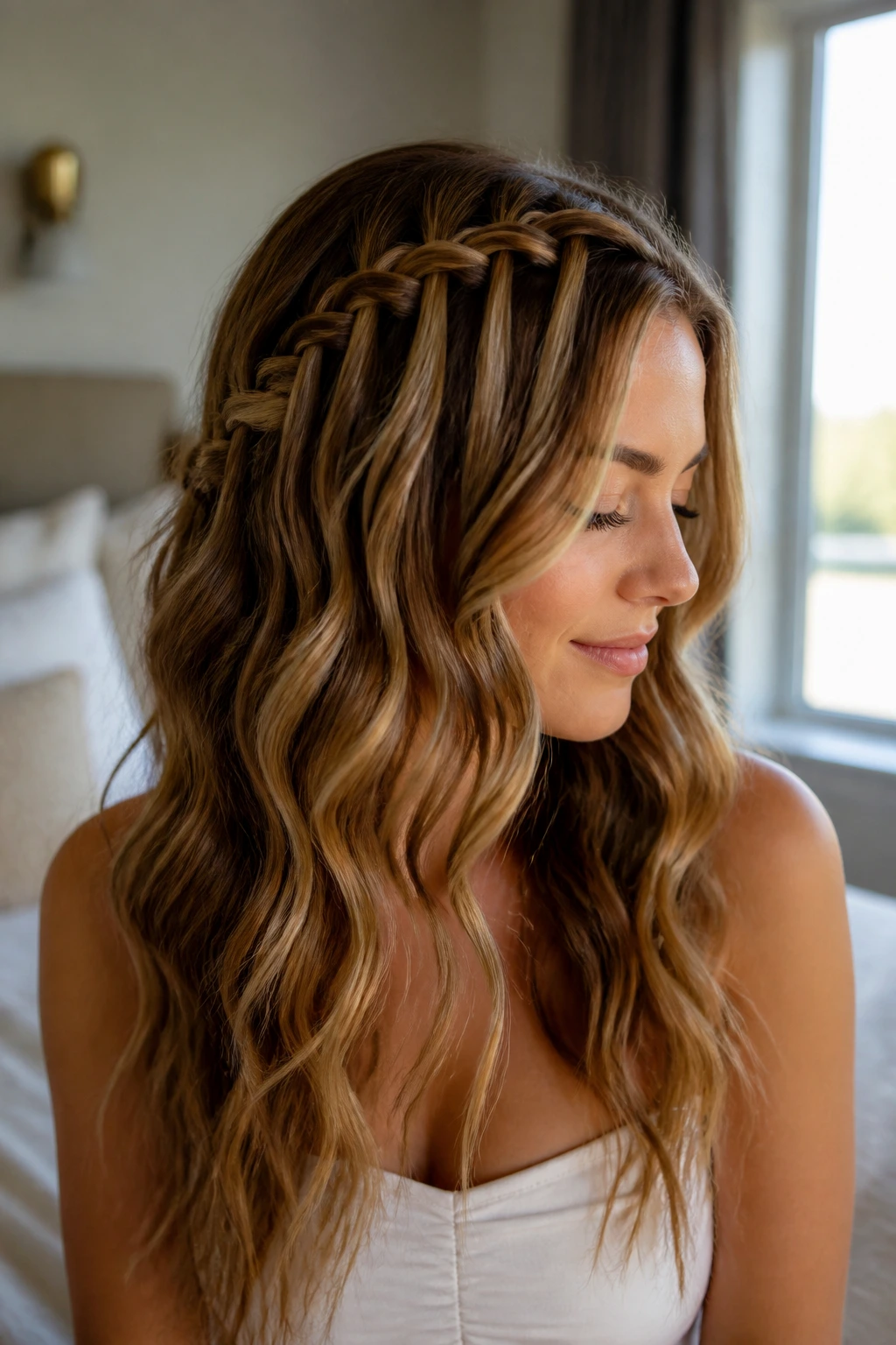 Real woman with waterfall braid waves in sunlit room