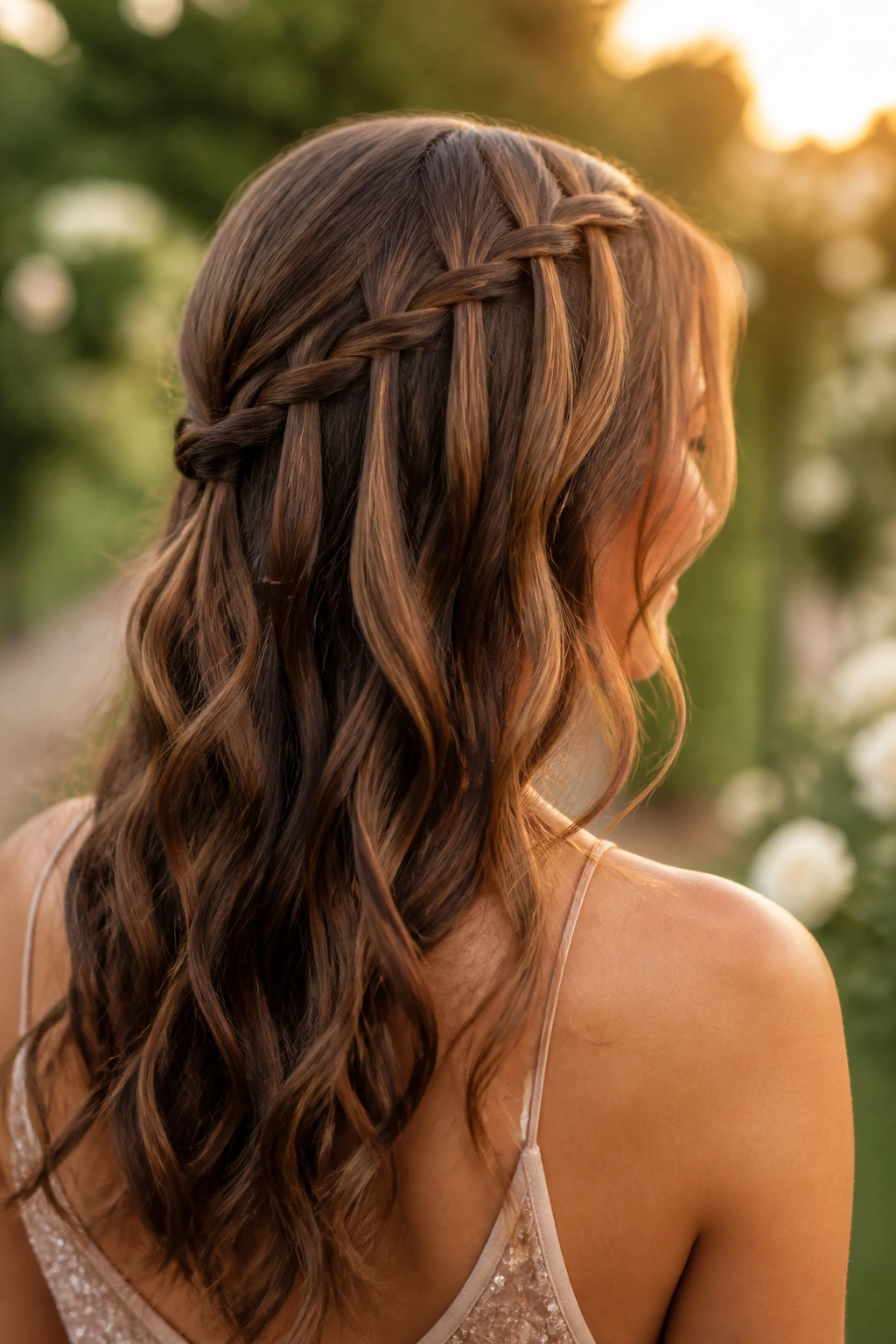 Close-up of a woman with a waterfall braid and loose waves in soft outdoor light