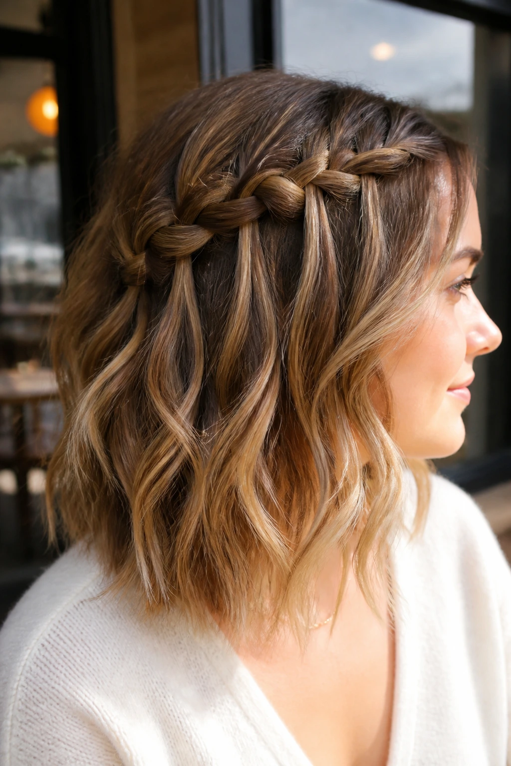 Side-profile of a woman with a waterfall braid on a wavy lob