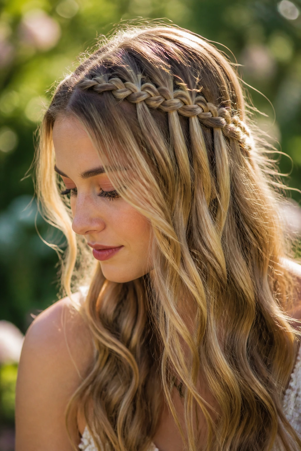 Close-up of a woman with a waterfall crown braid and loose strands.