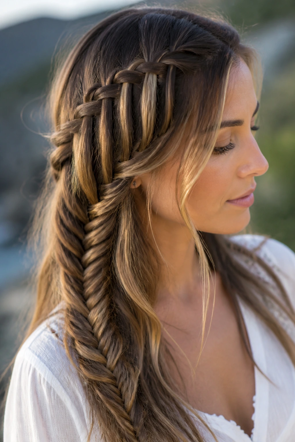 Close-up of a real woman with waterfall fishtail hybrid braid at temple transitioning to fishtail mid-length.