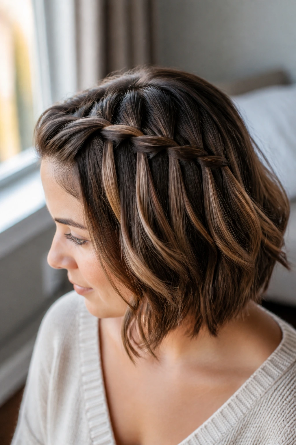 Close-up of a real person with layered short hair showing a waterfall French braid