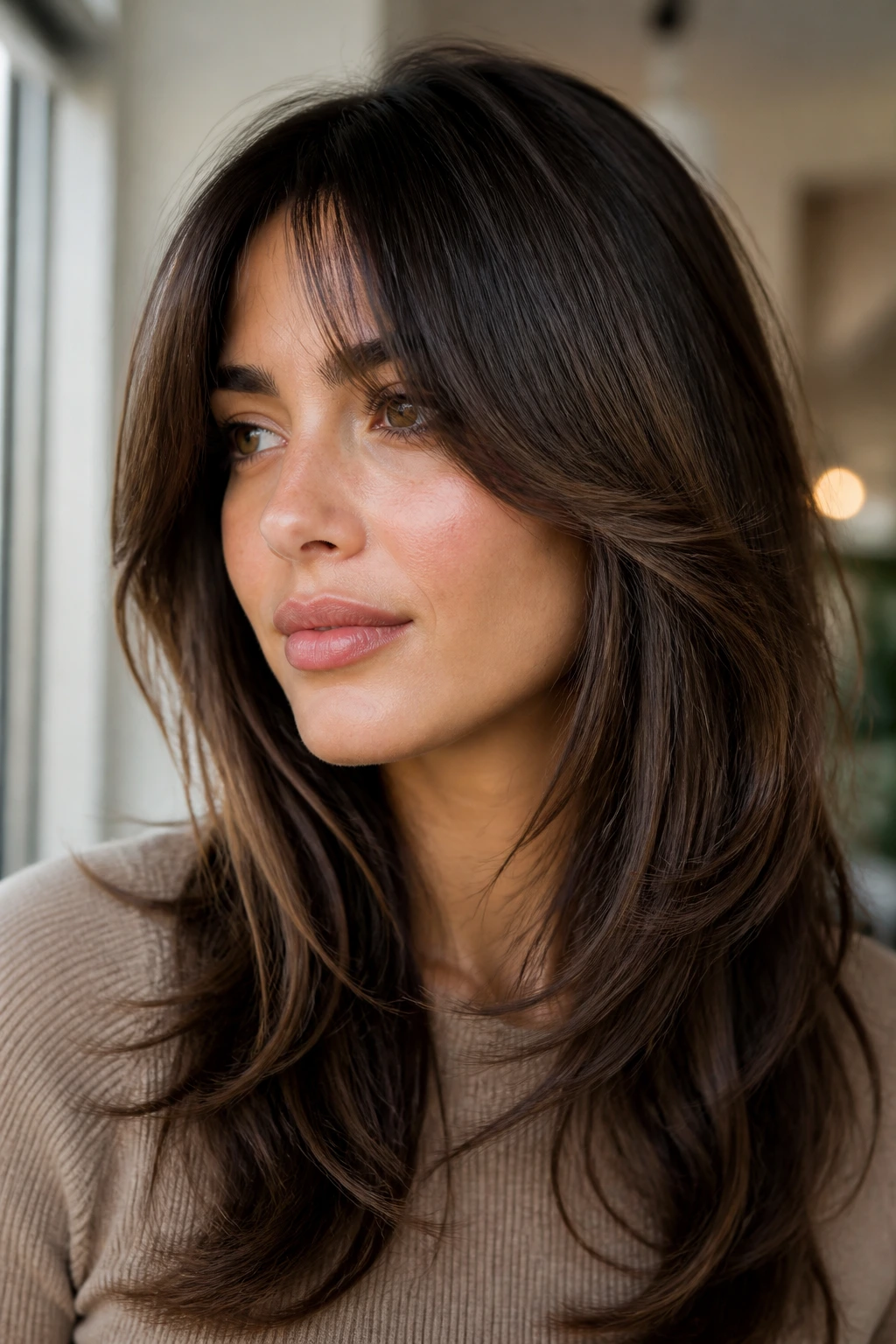 Close-up of a woman with waterfall fringe blending into layered hair