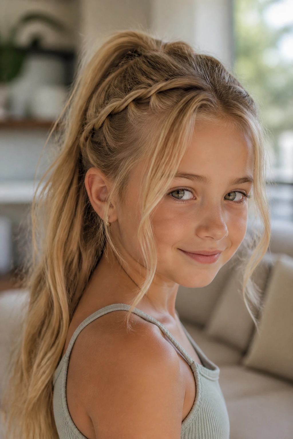 Close-up of a child with waterfall-front pony framing the face