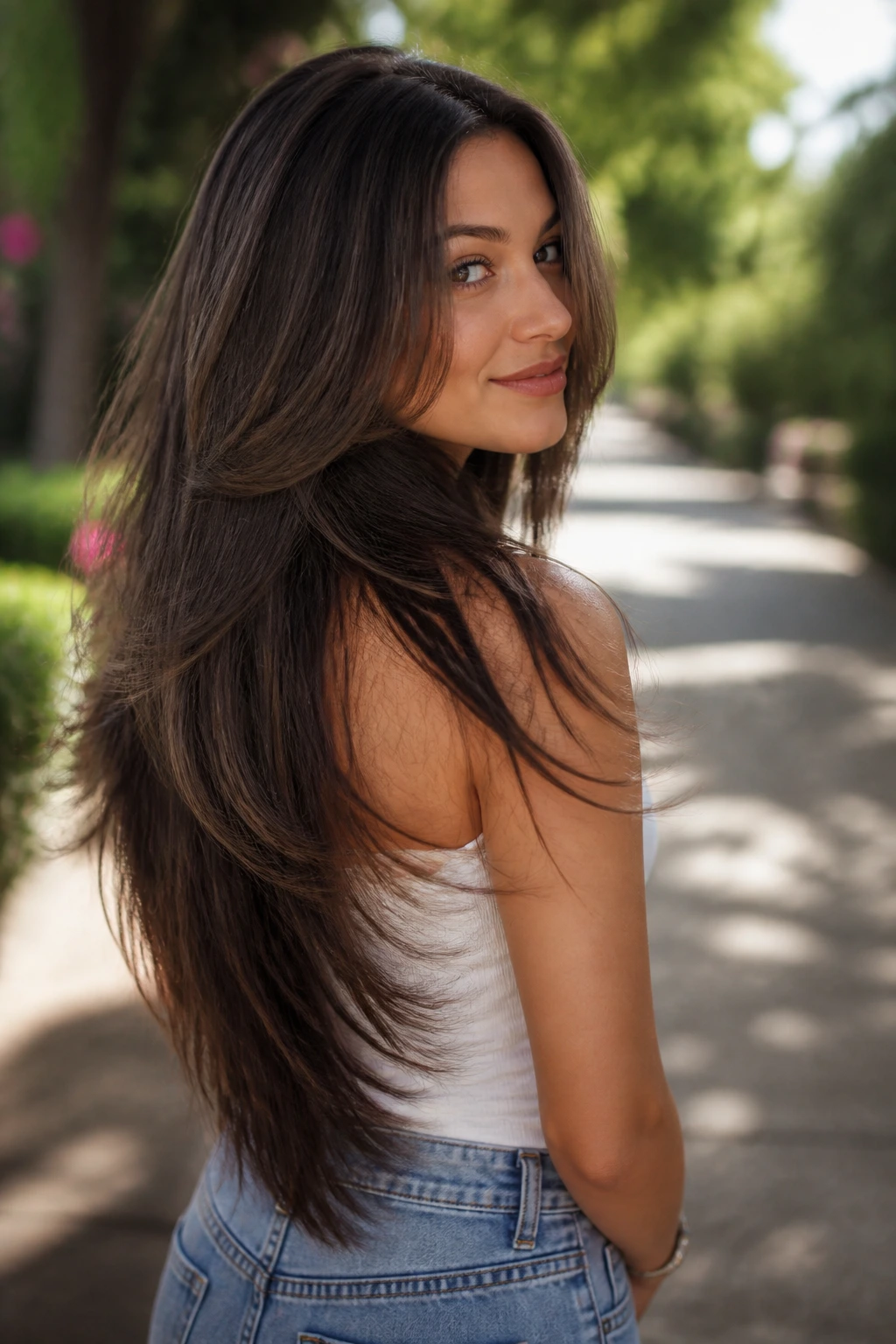 Portrait of a real woman with waterfall layer V cut and cascading layers