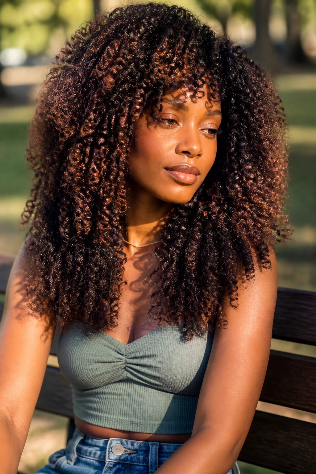 Close-up of a real Black woman's hair showing waterfall layers on Type 3–4 curls