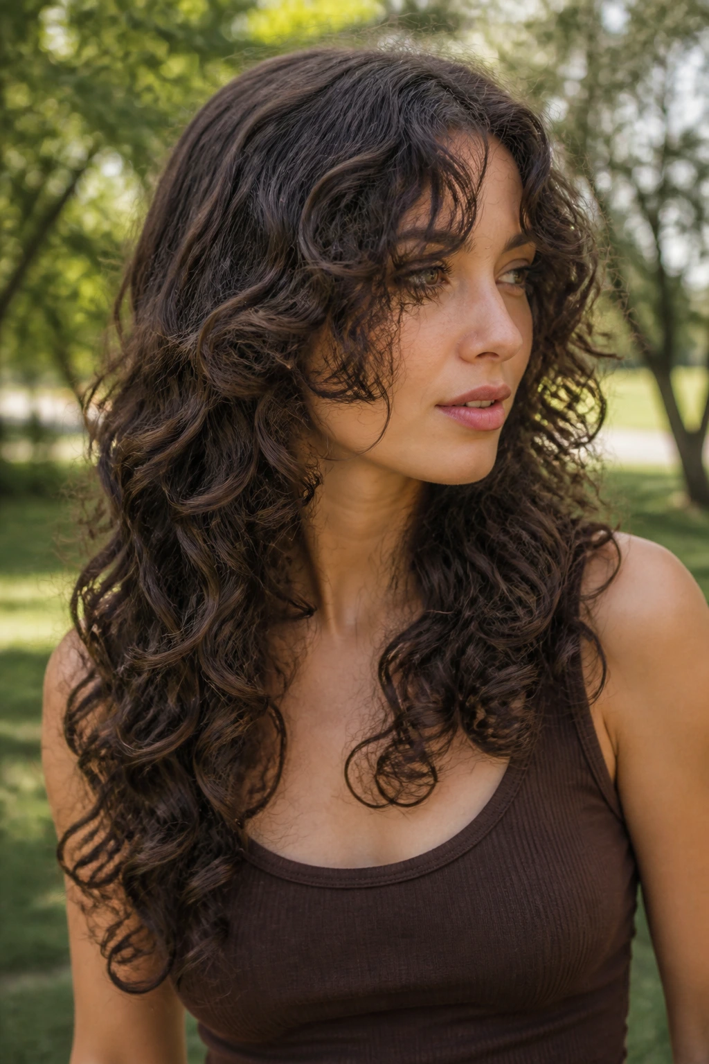 Portrait of a woman with waterfall layers from cheekbone down in natural daylight