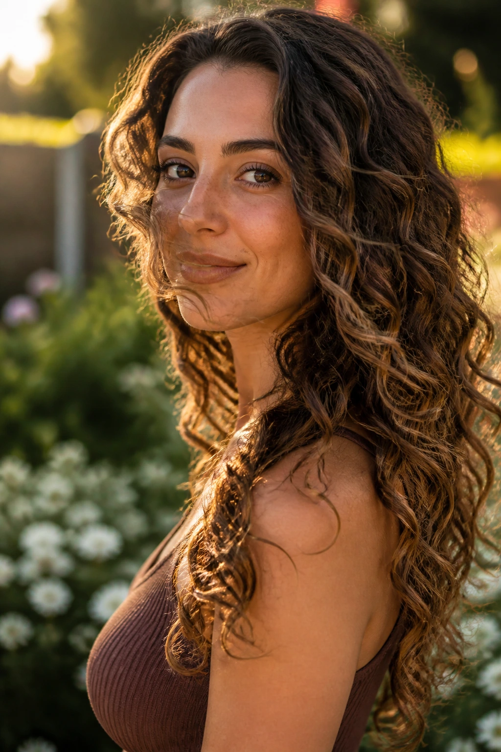 Long waterfall layers on curly hair with collarbone length and subtle highlights