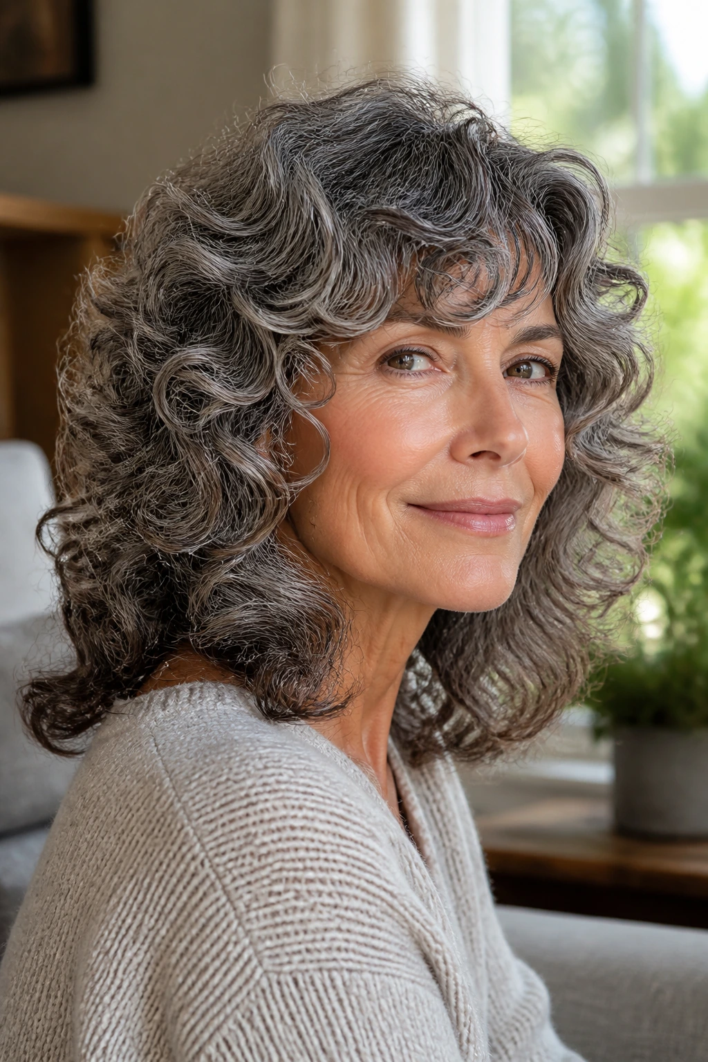 Older woman with waterfall layers around the jaw in natural light.