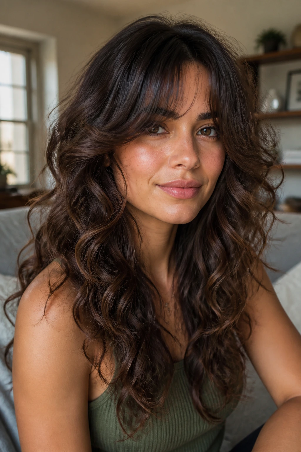 Portrait of a real woman with waterfall layers and long curtain bangs in a cozy home