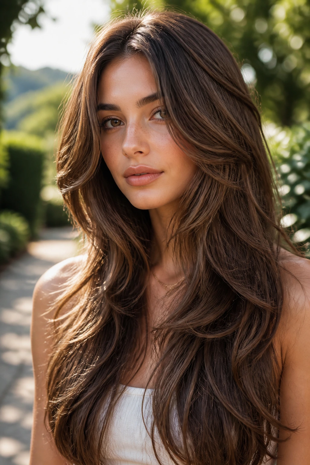Close-up of real woman with waterfall layers cascading down long hair in a sunny garden