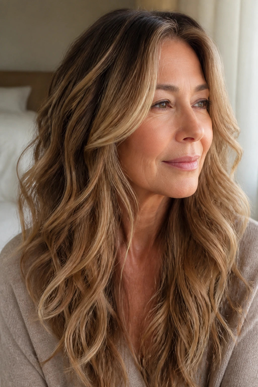 Close-up portrait of a real woman with long wavy hair showing waterfall layers in natural window light