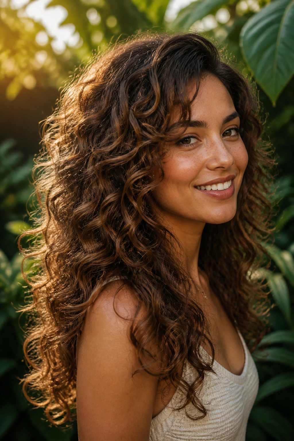 Long ringlets with waterfall layers in golden hour light